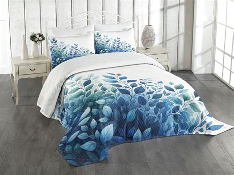 Ambesonne Blue Quilted Bedspread Set 3 Pcs Diagonal Watercolor Leaves