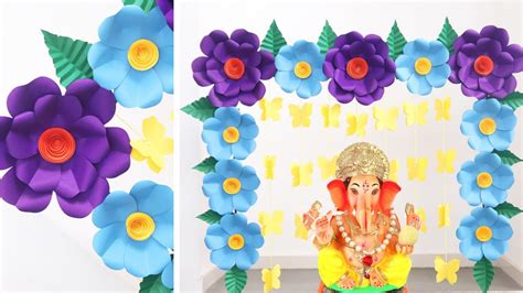 गणपती डेकोरेशन २०२३ Ganpati Decoration With Easy Giant Paper Flowers Eco Friendly Makhar