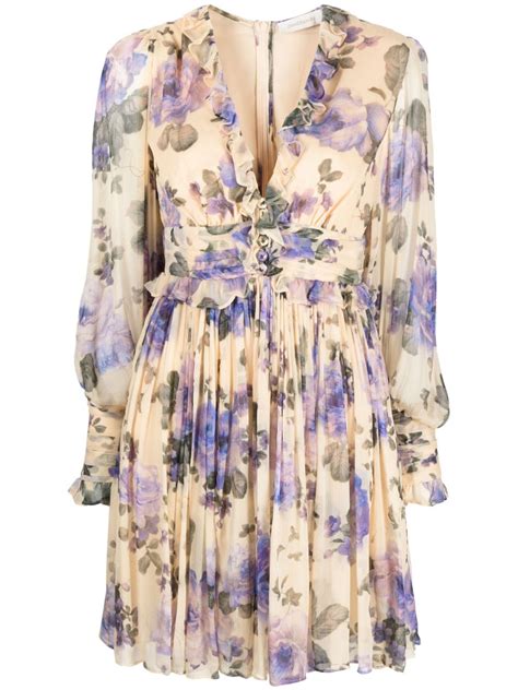 Zimmermann Lyrical Ruffled Mini Dress In Blue Floral Modesens