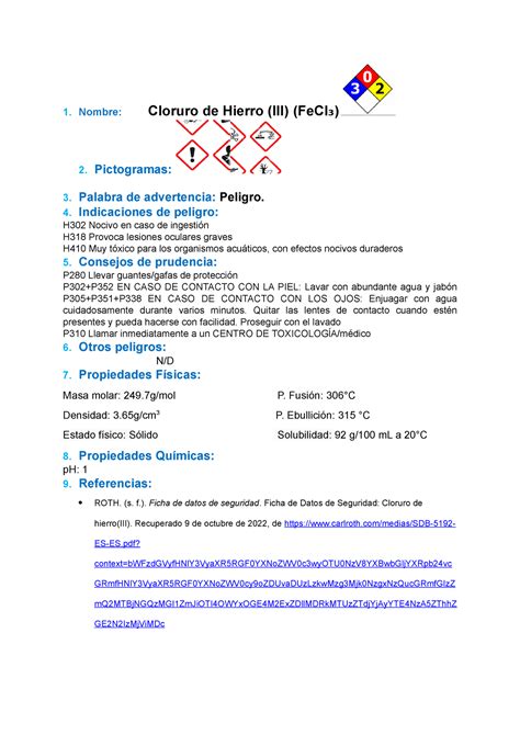 Hoja De Seguridad Del Cloruro De Hierro Lll Fe Cl3 1 Nombre