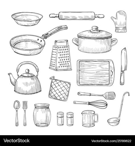 Sketch Kitchen Tools Cooking Utensils Hand Drawn Vector Image