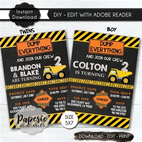 Editable Construction Birthday Party Invitation Dump Everything