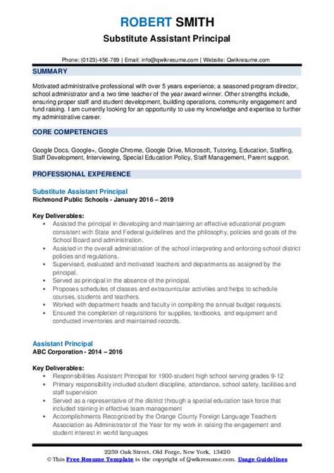 Assistant Principal Resume Samples Qwikresume