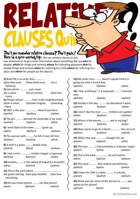 Relative Clauses Quiz General Gramma English Esl Worksheets Pdf And Doc