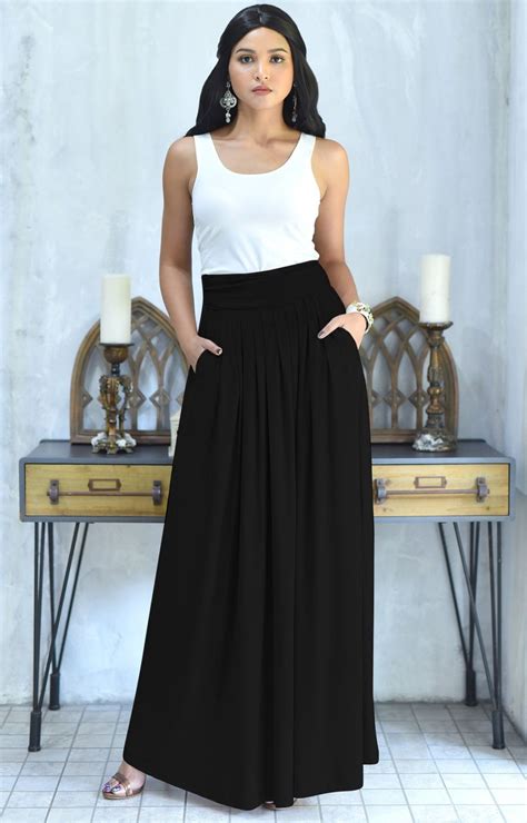 Ziya High Waist Long Flowy With Pockets Maxi Skirt Black Skirt Long