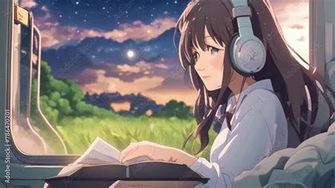 Anime Girl Wearing Headphones Train Passing By Village Cosmic