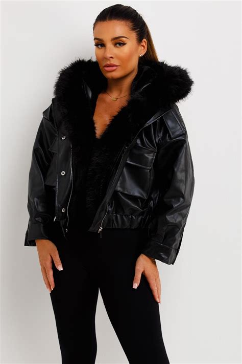 Womens Faux Leather Bomber Jacket With Faux Fur Hood Black Styledup