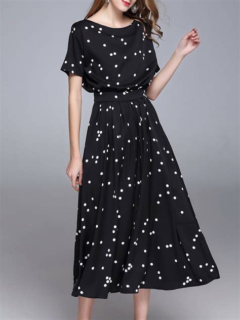 Black Printed Polka Dots Short Sleeve A Line Midi Dress