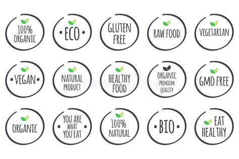 Food Logos Set Organic Vegan Sugar Gluten Free Bio Vegetarian 100