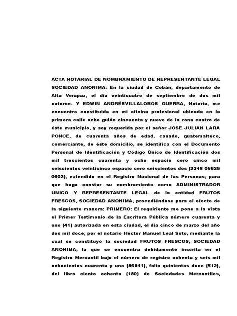 Acta Notarial De Nombramiento De Representante Legal Sociedad Anonima Pdf