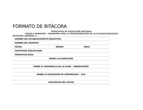 Formato DE Bitácora instrumento para el registro de las actividades