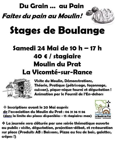 Faites Du Pain Au Moulin STAGES DE BOULANGE Samedi 24 Mai De 10 H