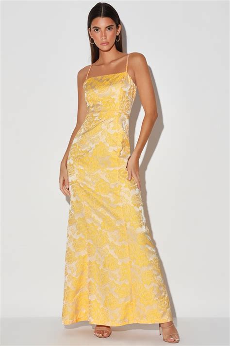 Champagne And Yellow Dress Floral Jacquard Dress Maxi Dress Lulus