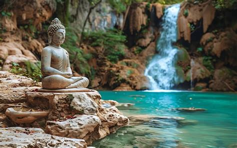 Premium Photo A Statue Sits On A Rock With A Waterfall In The Background