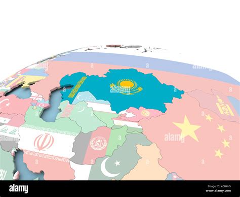 Kazakhstan On Political Globe With Embedded Flags 3D Illustration