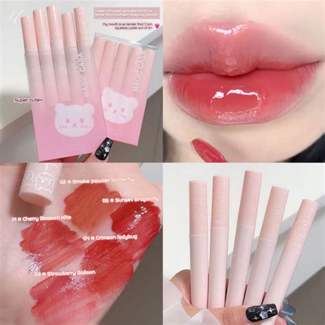 Pcs Set Bubble Bear Lip Glaze Mirror Water Light Glass Korea Natural Nude Lipstick Student Milk