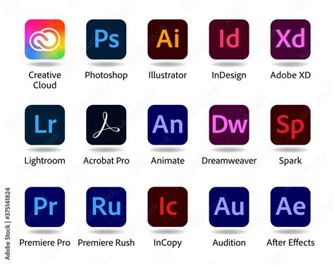 set  popular adobe apps icons creative cloud photoshop illustrator