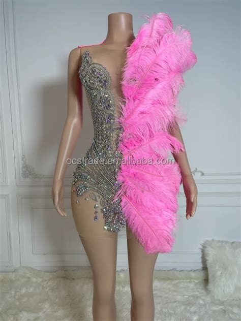 Ocstrade Unique Design Rhinestone Hot Pink Dress With Feathers Glitter