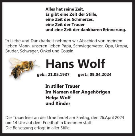 Traueranzeigen von Hans Wolf Märkische Onlinezeitung Trauerportal