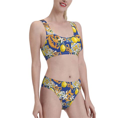Noikeo Sicilian Style Pattern Bikini Set For Women Two Piece Swimsuits Low Rise Bathing Suits