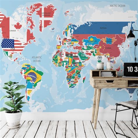 Countries Map and Flags Wallpaper World Map Removable | Etsy