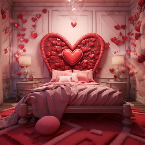 Una Cama En Forma De Corazón Con Corazones Y Un Corazón En La Pared Imagen Premium Generada