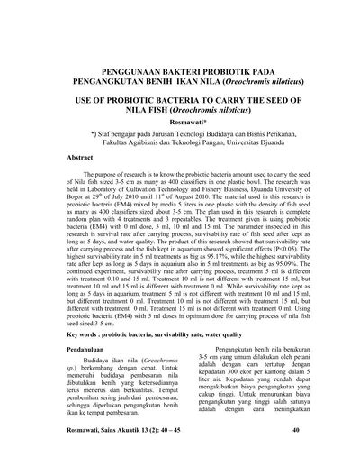 Penggunaan Bakteri Probiotik Pada Pengangkutan Benih Ikan Nila