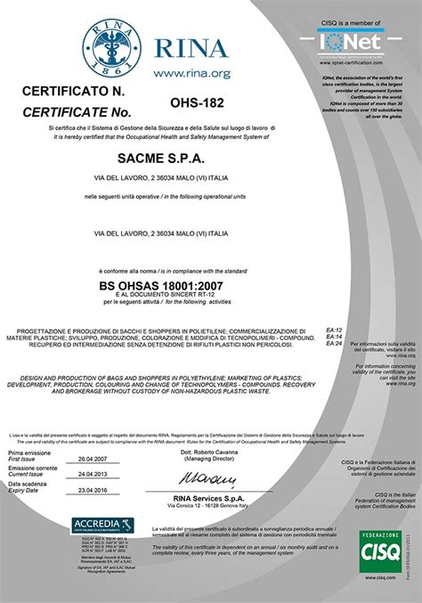 Sacme Certificazioni Rina VisualizzaCertificato OHSAS 18001 Sacme