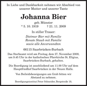 Traueranzeigen Von Johanna Bier Saarbruecker Zeitung Trauer De