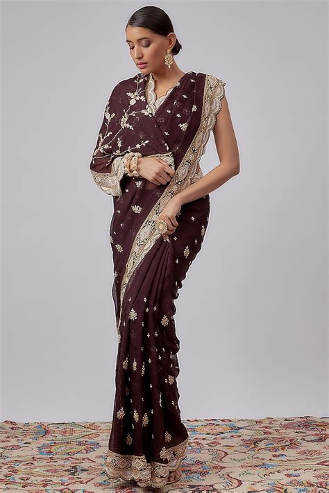 Wine Organza Hand Embroidered Saree Set Design By Kalighata At Pernia S Pop Up Shop 2024