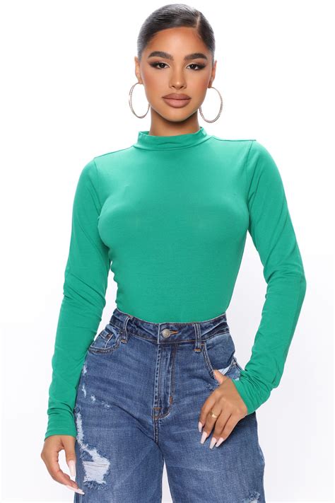 Melanie Mock Neck Bodysuit Kelly Green Fashion Nova Basic Tops