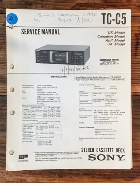 Manuel Dentretien De La Plate Forme Cassette Sony Tc Wr90es Original