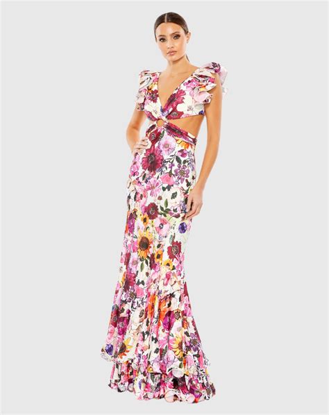 Floral Print Ruffle Shoulder Cut Out Gown Mac Duggal