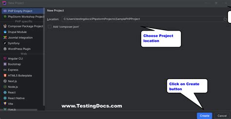 Create New PHP Project TestingDocs