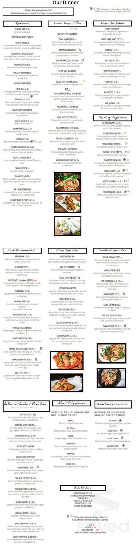 Mai Thai Cuisine Of Smithfield Menu In Smithfield Rhode Island USA