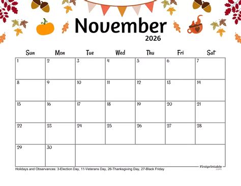 november calendar  thanksgiving day monthly calendar printable