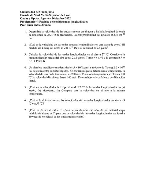 Problemario 4 Rapidez Del Sonido Ondas Longitudinales Universidad