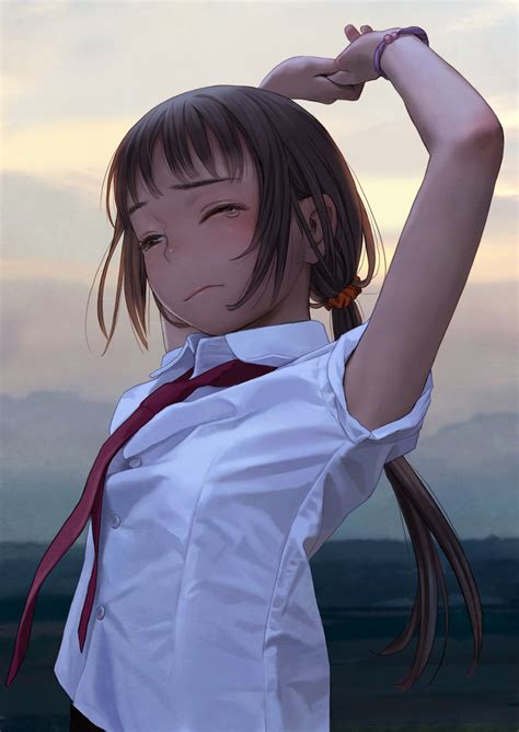 Safebooru 1girl Arm Up Armpit Peek Bare Arms Blush Bracelet Brown Hair Closed Mouth Collared