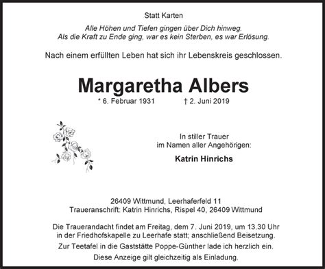 Traueranzeigen Von Margaretha Albers Nordwest Trauer De