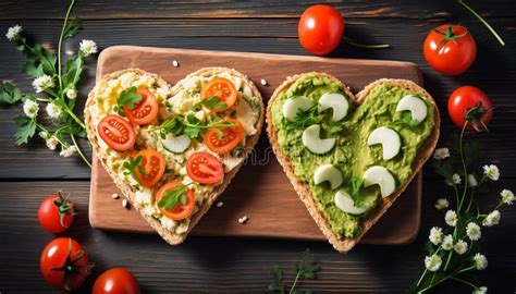 Heart Shaped Sandwiches Arranged On A Table Flat Lay Composition Stock