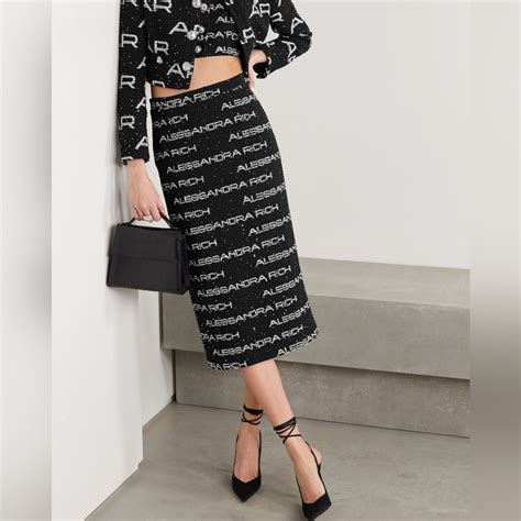 Alessandra Rich Sequin Embellished Tweed Midi Skirt Gem