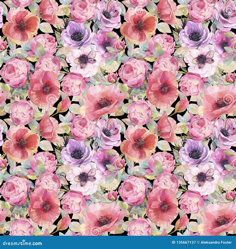 Watercolor Seamless Pattern With Flowers Anemones Poppies Roses And