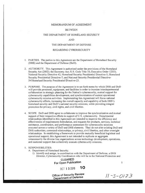 dod  dhs cybersecurity memo united states department  homeland