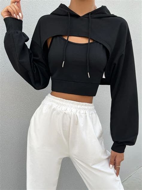 Drop Shoulder Drawstring Super Crop Hoodie And Top Shein Usa