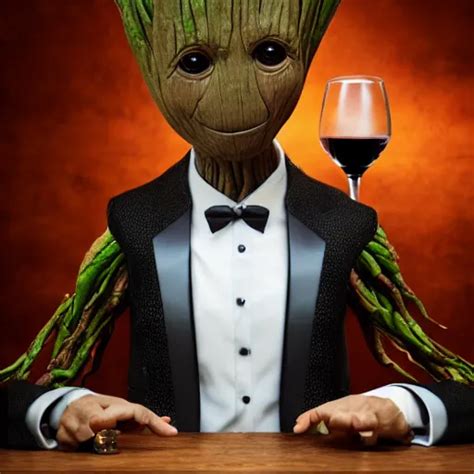 Realistic Groot As A Gentleman Wearing Tuxedo Drinking Stable