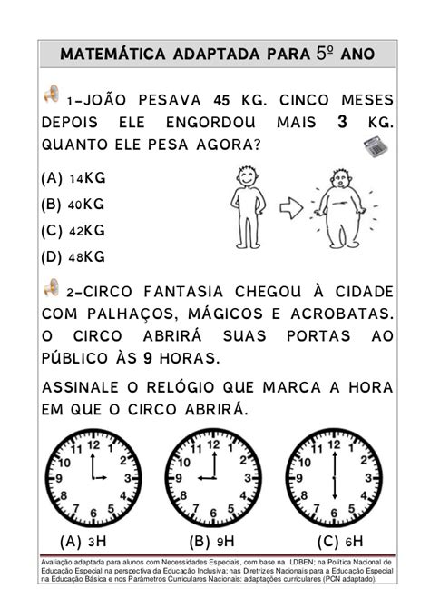 Atividade Adaptada De Matemática 5 Ano - Avaliação de Matemática Adaptada para 5º Ano. - Atividades de Matemática