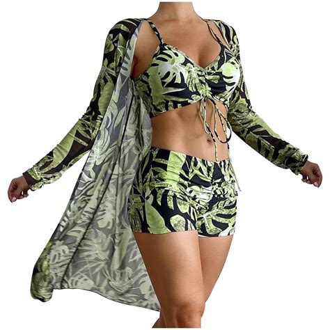 Wreesh Womens Piece Swimsuits Tropical Print Bikini Set With Kimono