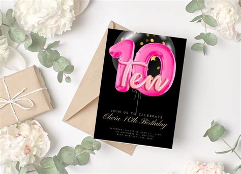 Editable Pink 10th Birthday Invitation Template Glitter Birthday Party