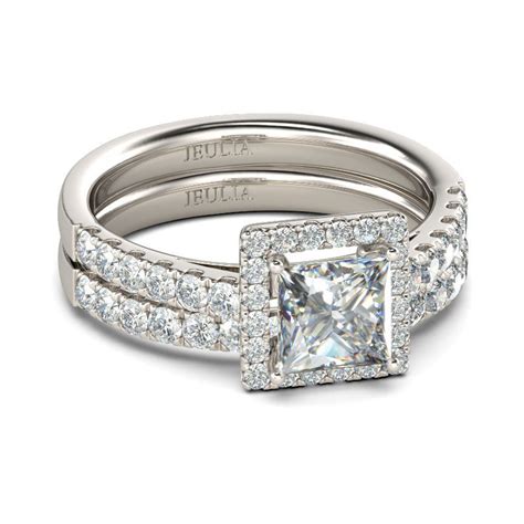 Jeulia Halo Princess Cut Sterling Silver Ring Set Jeulia Za