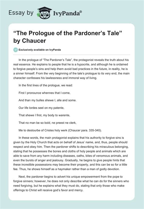 The Prologue Of The Pardoner S Tale By Chaucer Words Report